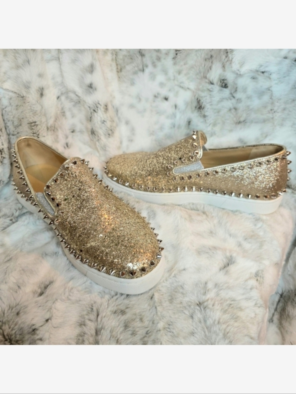 Christian Louboutin Pik Boat slip-on Spiked Leather Sneakers Silver Gold EU 37.5 - Picture 4 of 11